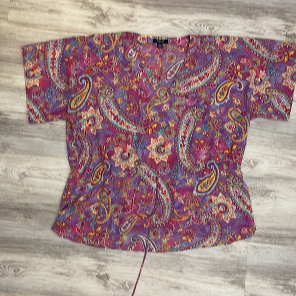 Chaps Purple with Multi-Color Abstract Floral Print Short Sleeve V-Neck Tie Top - Picture 5 of 13